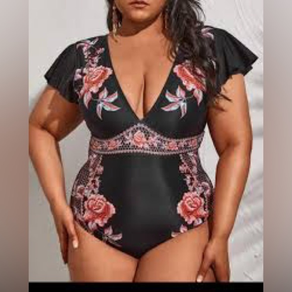 SHEIN Black & Pink Floral One Piece Swimsuit Cap Ruffle Sleeves Plus Size 3X 3XL - Picture 1 of 10